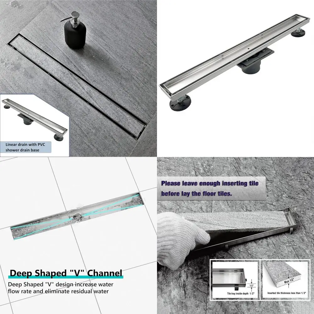 

Modern 18 Brushed Stainless Steel Shower Drain with Removable Grate and Adjustable Feet, 2 Outlet, 36 L/min Flow Rate, Compatibl