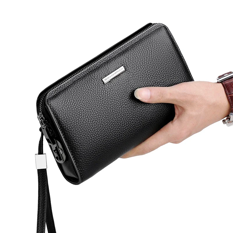 leather handbag Men Wallets Genuine Leather Clutch Bag Long Wallet Business double zipper Purse Phone Card Holder Coin Purse Men