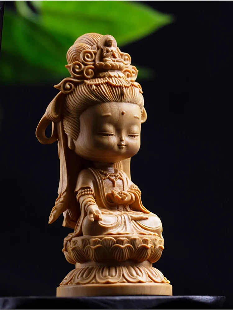 cypress Wood Q Version Guanyin Statue, Solid Wood Carving, Suitable for home office and desk decoration Wealth Luck Feng Shui