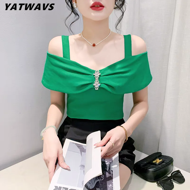 

Высококачественная летняя новая женская хлопковая футболка на заказ, сексуальные футболки с открытыми плечами и короткими рукавами, милые эластичные облегающие топы со стразами для девушек