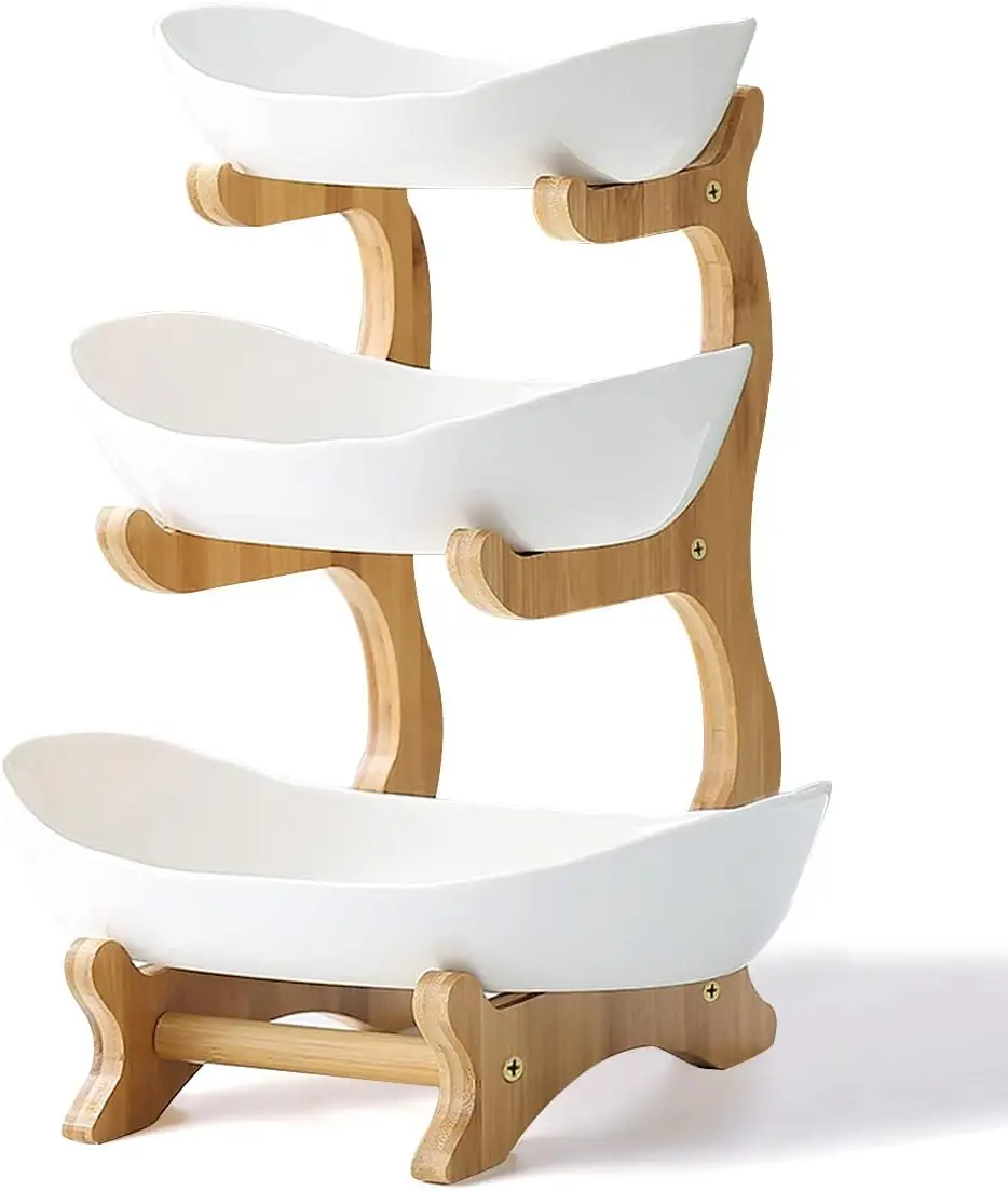 3 Tier Ceramic Fruit Bowl With Bamboo Wood Stand for Kitchen Counter,Porcelain Fruit Basket for Vegetable Storage