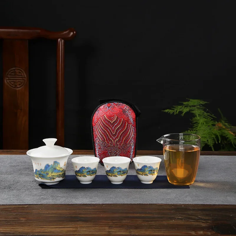 Portable Covered Bowl Travel Tea Set Thousands of Miles Away One Pot and Three Cups Tea Maker Chinese Luxury Business Souvenir