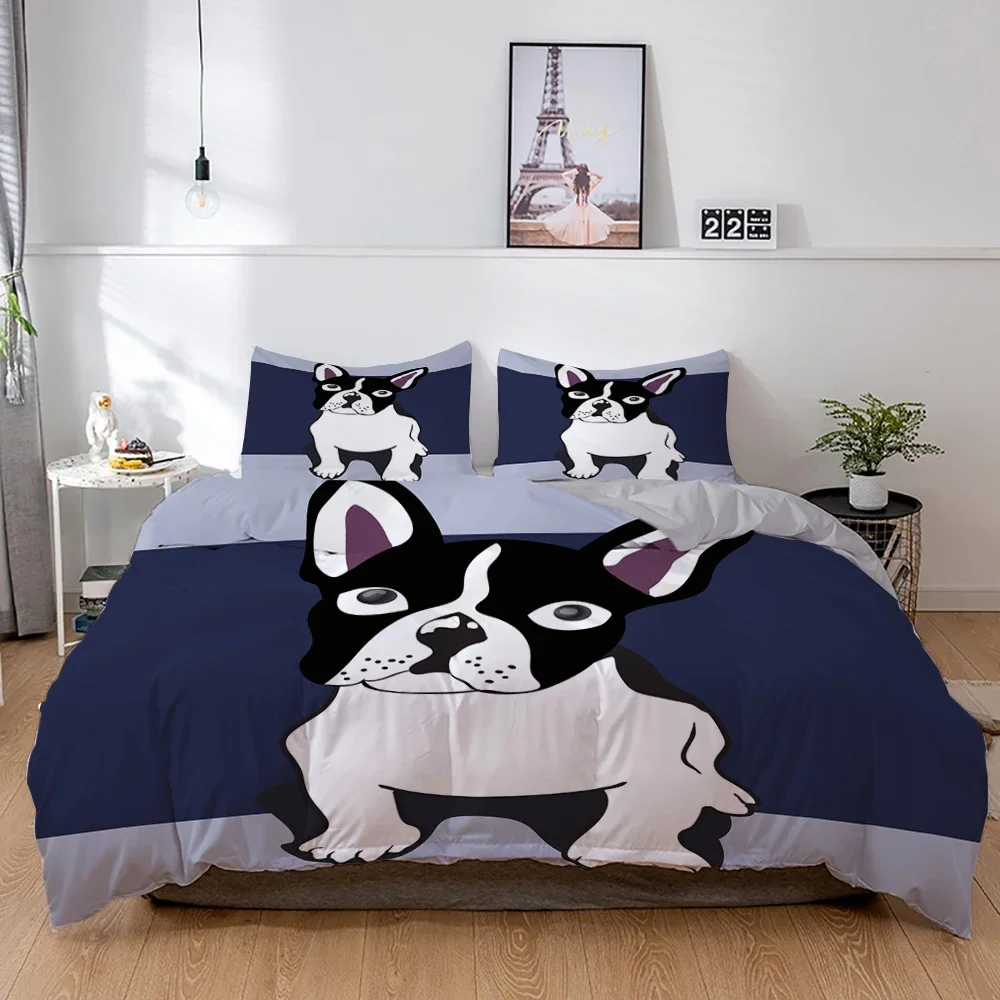 3D-Hunde-Bettwäsche-Set, niedliche französische Bulldogge, Welpen, Bettbezug-Sets, Cartoon-Bettbezug, Haustiere, Heimtextilien, Königin, 2/3-teilig, König, voll