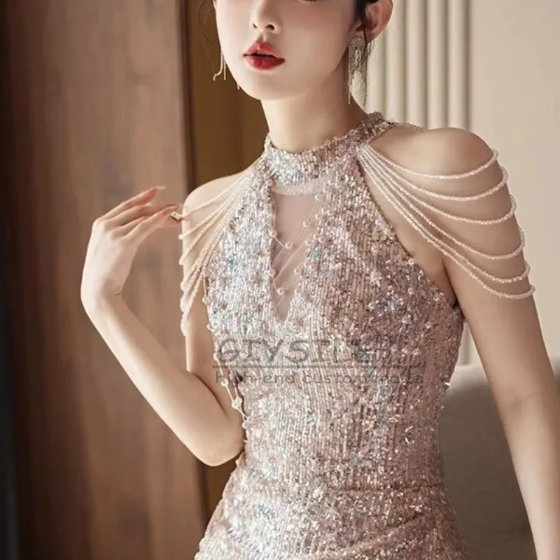 

GIYSILE Customized Hanging Neck Sequins Tassels Heavy Evening Dress Female 2025 New Banquet Light Luxury Niche Fishtail Dresses