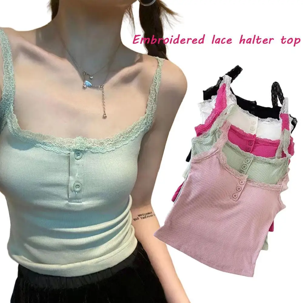Canotta sexy in pizzo Canottiera sottile T-shirt senza maniche Canotta da donna Canotta in maglia Crop Top Donna Gilet in pizzo di nicchia con imbottitura sul petto
