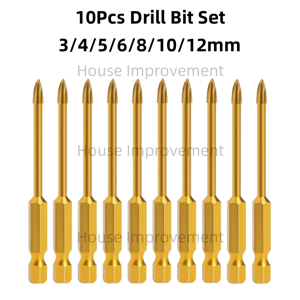 

10PCS 3-12mm Drill Bit Carbide Ceramic Tile Marble Glass Spear Head Hex Shank Workshop Equipment Power Tools Parts Drill Bits