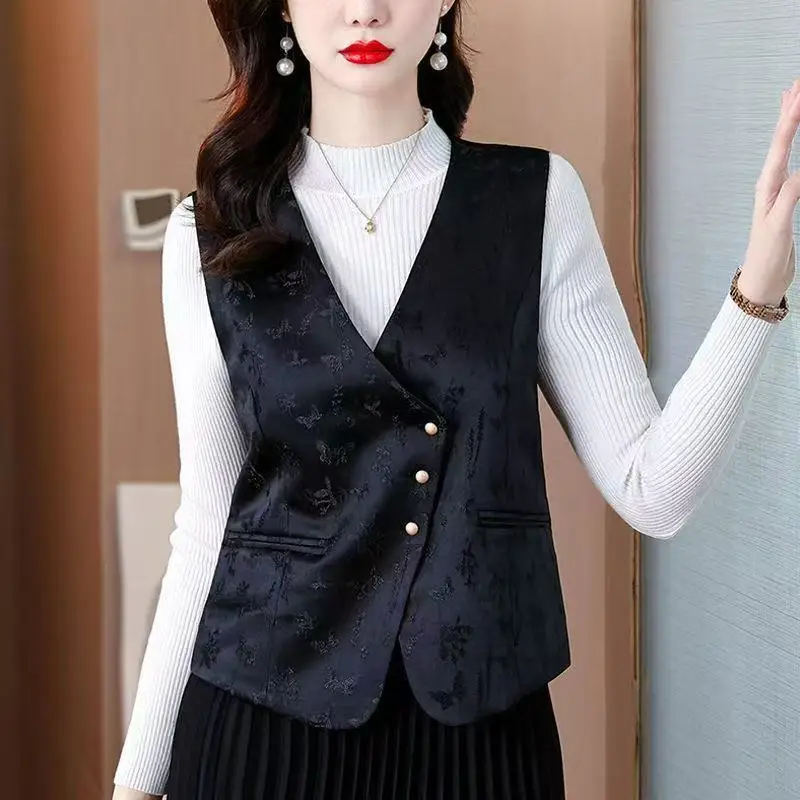 Fashion Jacquard Suit Vest New Chinese Style Temperament Versatile Short Sleeveless Jacket Women Retro Cardigan Waistcoat Coats