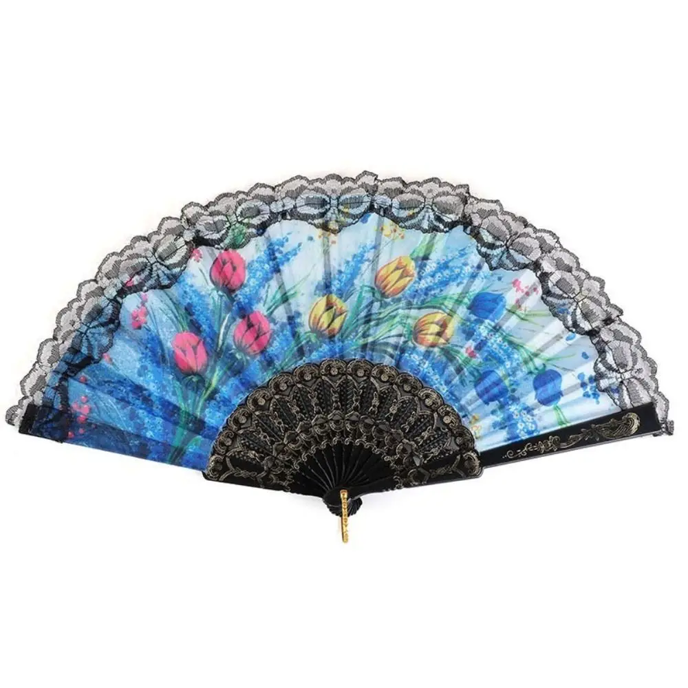 Elegant Plastic Ribs Spanish Folding Fan Black Floral Printed Cloth Dance Prop Fan Lace Trim Edge Floral Fabric Fan Women