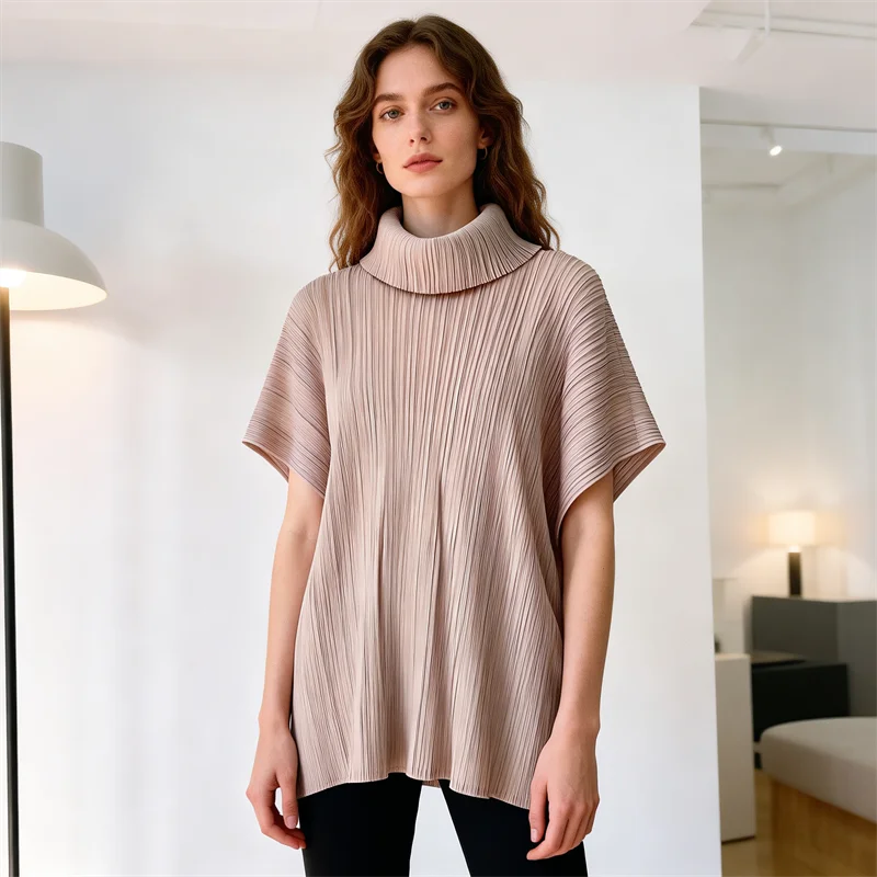 

Miyake High Quality Pleated Fashion Design Top Loose Plus Size Comfortable Versatile Scarf Neck T-shirt 2026 Early Spring New
