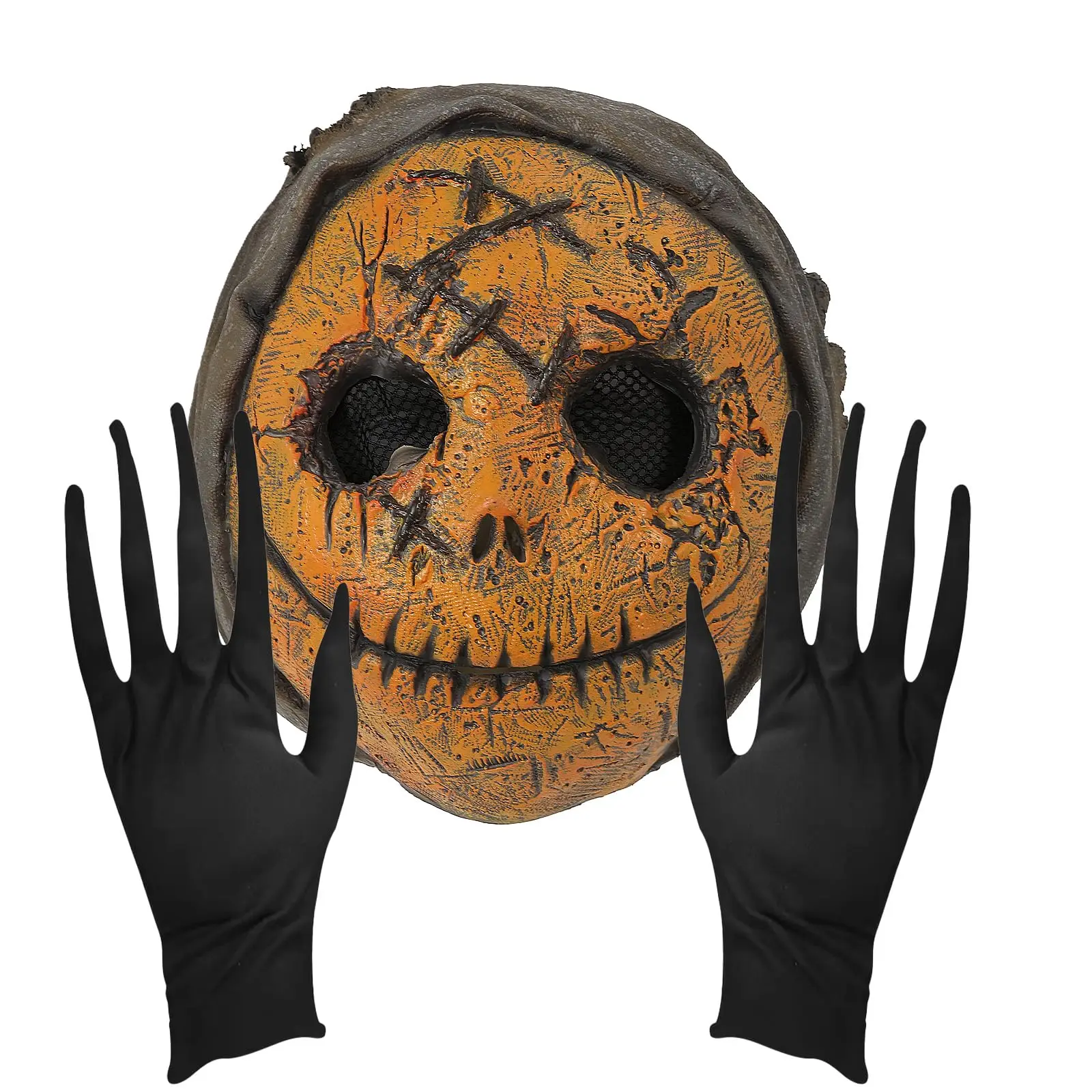 

Creepy Pumpkin Head Mask for Halloween with Black Gloves Scary Horror Costume Accessory for Adults Cosplay Party
