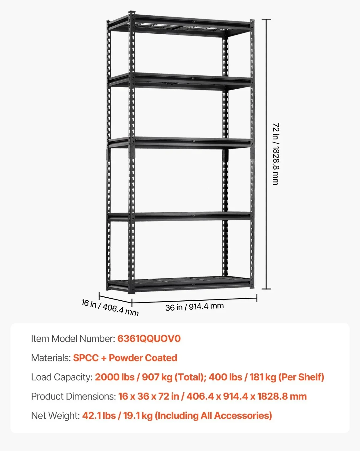 Storage Shelves, 2000 lbs, 5 Tier Heavy Duty Garage Shelving, 16