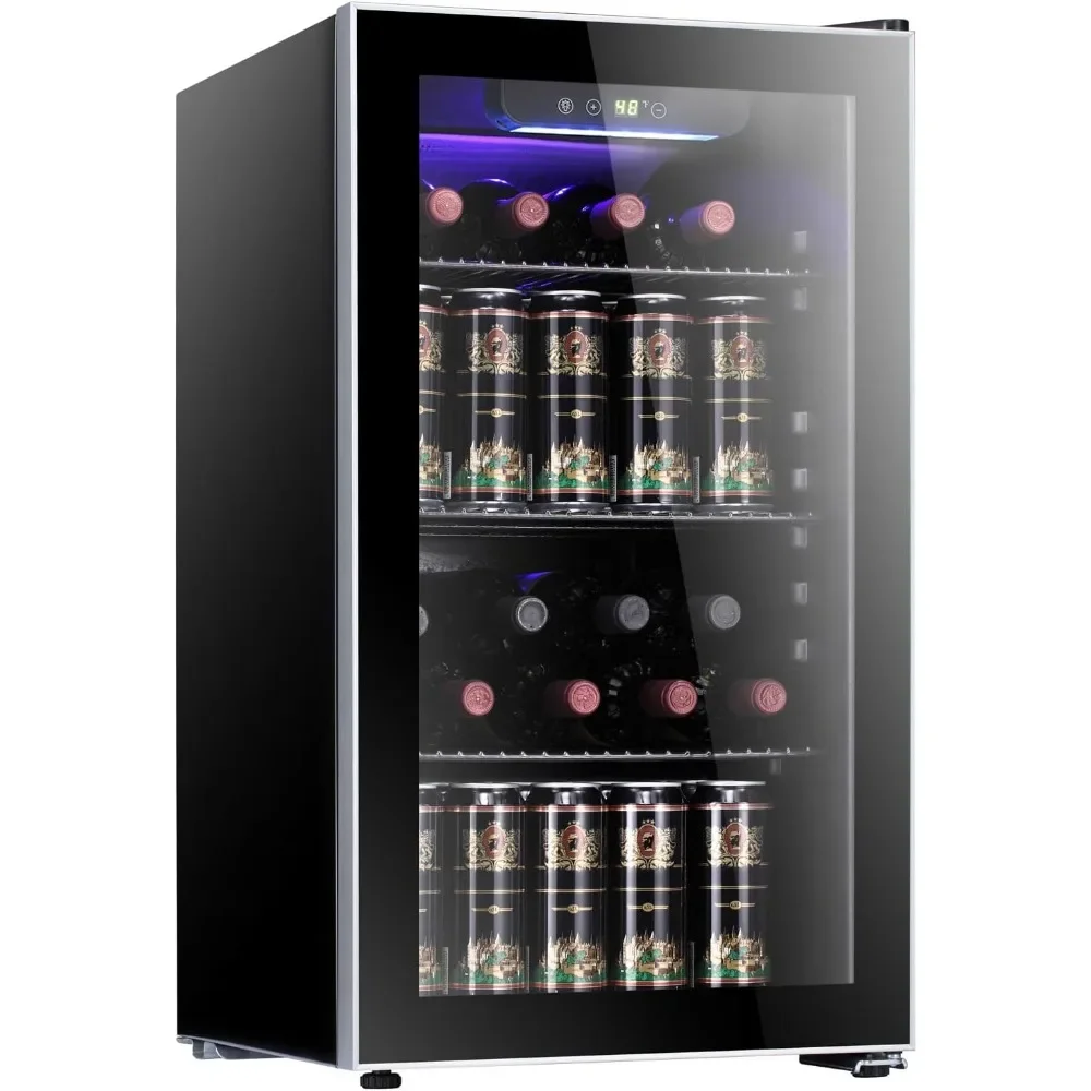 

26 bottles 130 cans cooler/black mini wine cellar, transparent glass door, bar cabinet silent compressor, temperature regulation