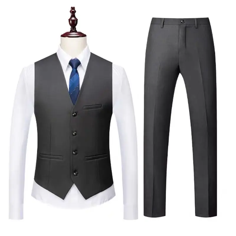 ( Vest + Pants ) High-end Solid Color Business Vest 2 Pieces Formal Men Slim Fit Prom Party Groom Wedding Tuxedos 6XL-M