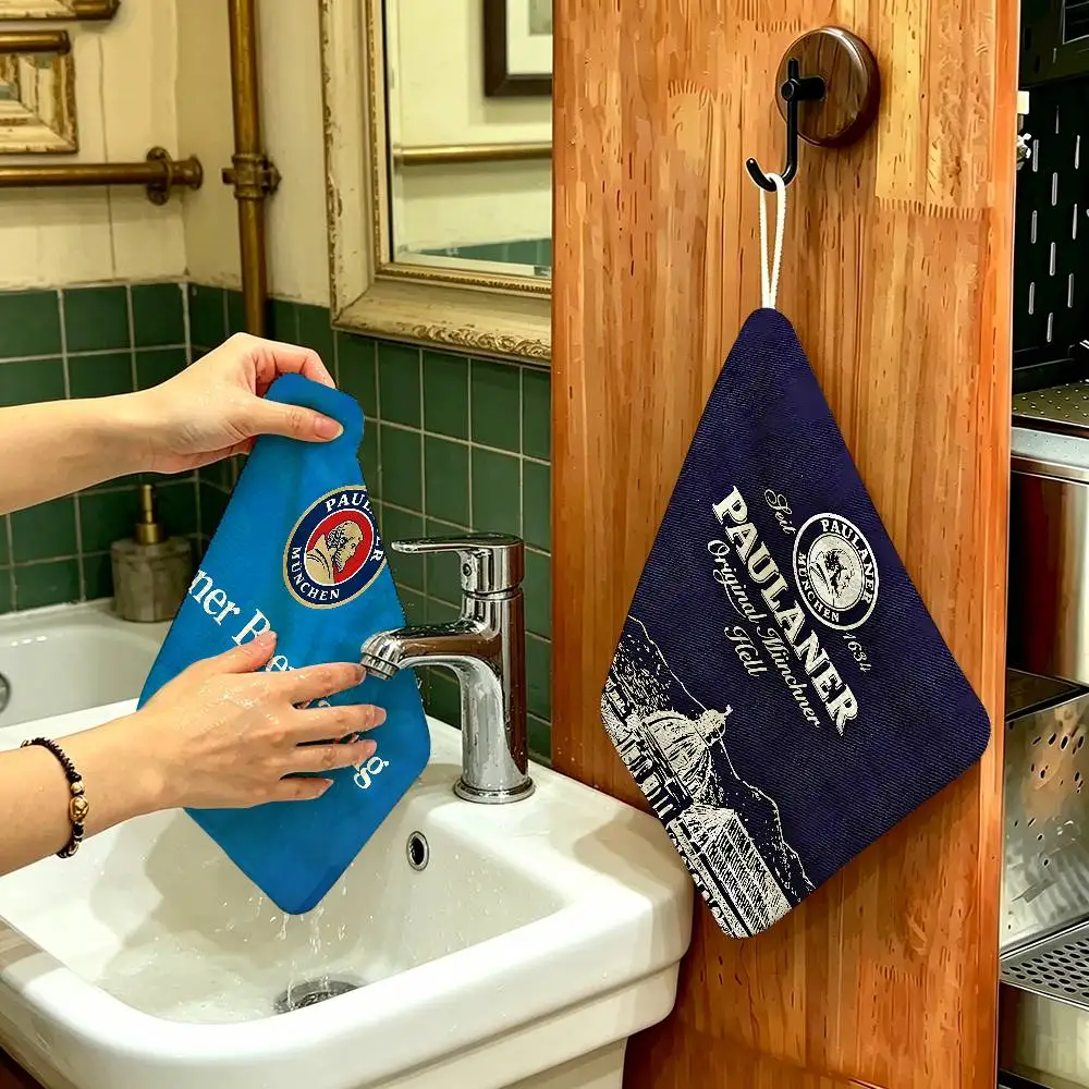German Beer P-Paulaners Hanging Kitchen Towel, Polyester Cotton Material, Multipurpose Hand Wiping Towel For Family