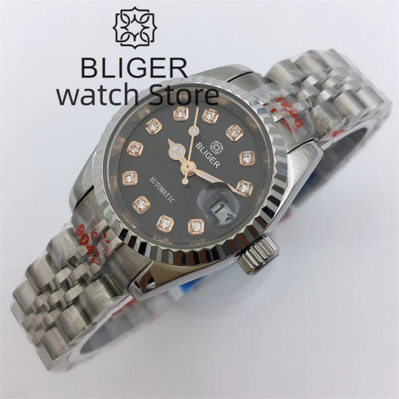 Bliger 26mm Japan nh05 Automatik uhr für Damen graues Zifferblatt Roségold Diamant Index Datum Saphirglas Silber Jubiläums armband