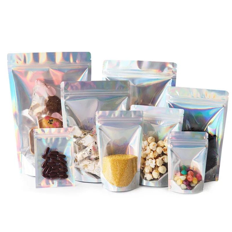 

50Pcs Stand-Up Laser Rainbow Ziplock Sealed Bags Snack Jewelry Garment Plastic Clear Aluminum Foil Packaging