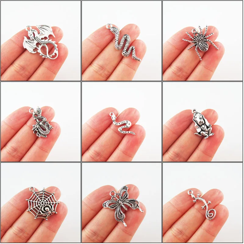 Fashion New Animal Butterfly Dog Lizard Snake Dragon Charms Antique Silver Color Pendants For Gifts Jewelry
