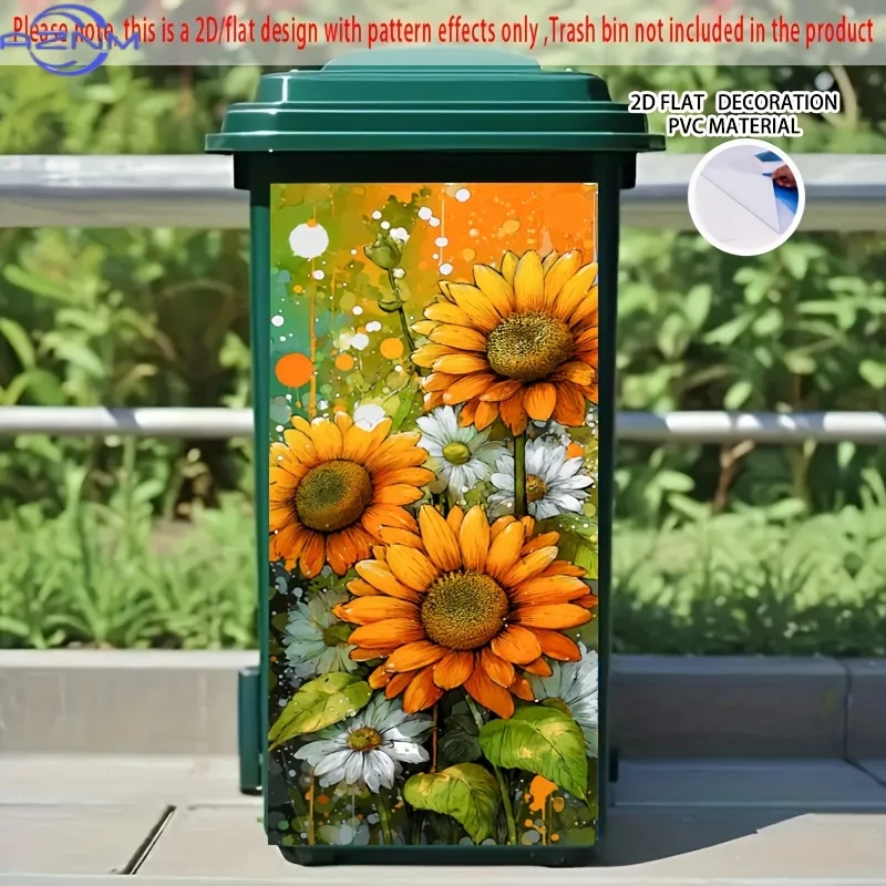 Sunflowers and Daisies Self-Adhesive Trash Can Stick, PVC Decorative Waste Bin Labels, Wheelie Bins, 37.0X 81.99 cm - Perfect