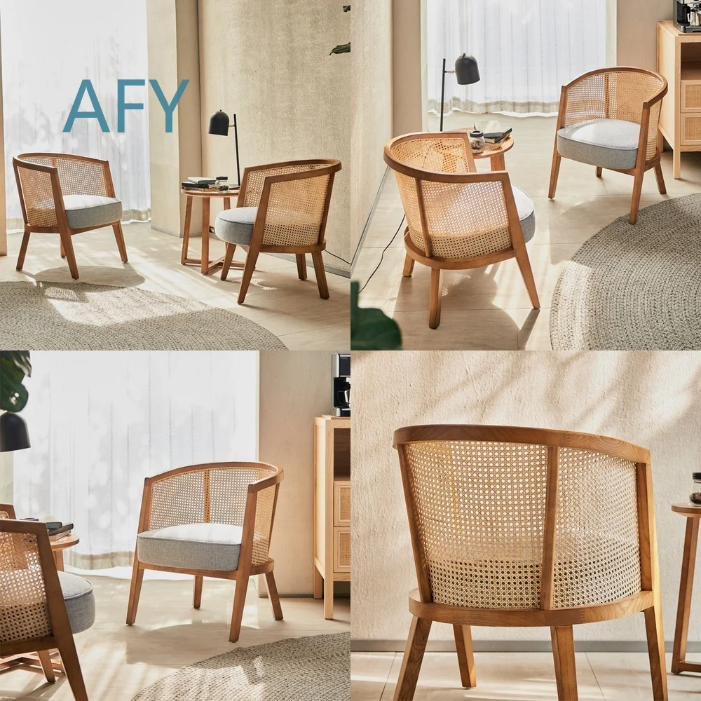 Nordic Style Rattan Armchair for Living Room Bedroom Balcony with Solid Wood Frame Rocking Chair Set of 3 for Home Decor
