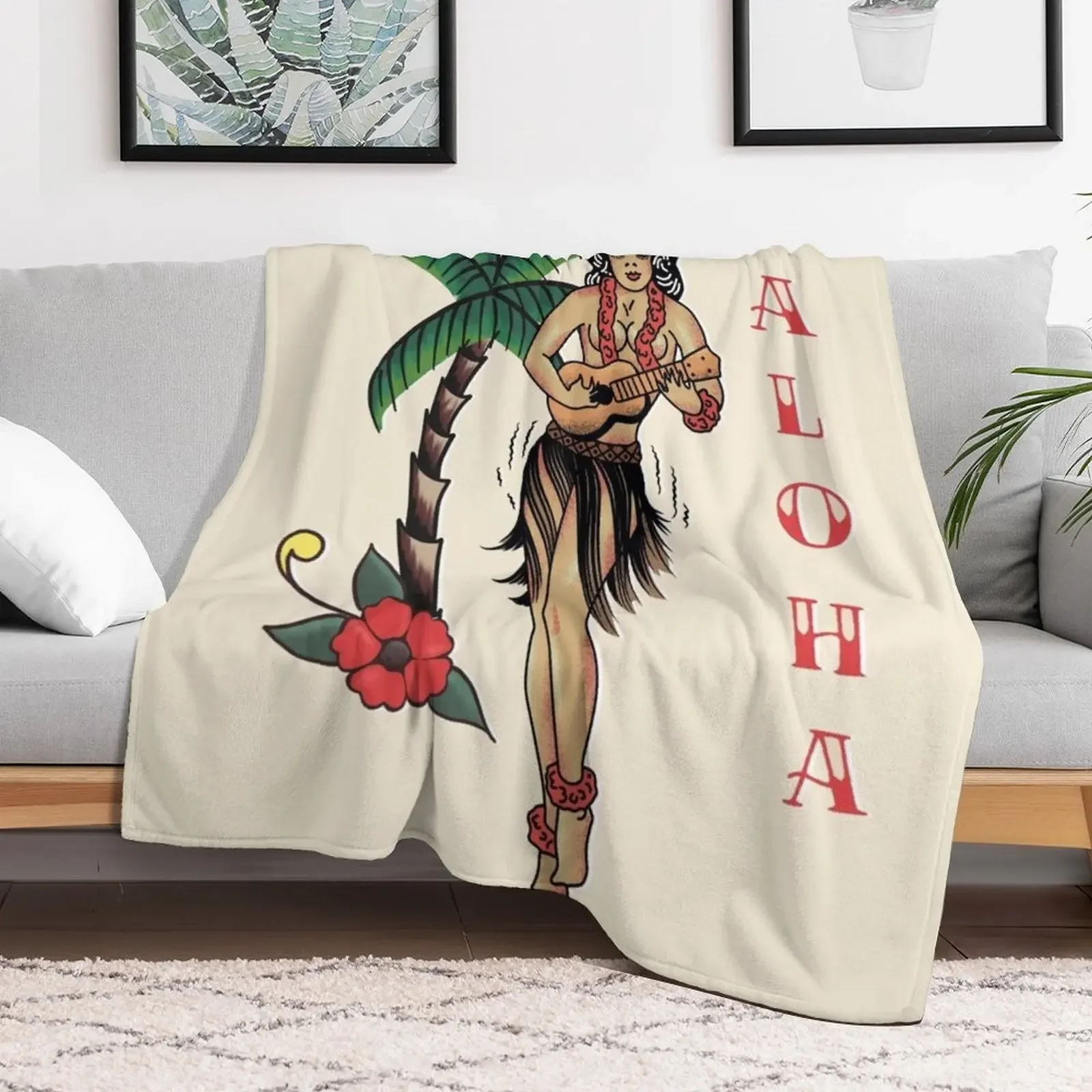 Jerry Style Traditional Aloha Hula Pinup Girl In Hawaii Throw Blanket Furrys funny gift Blankets