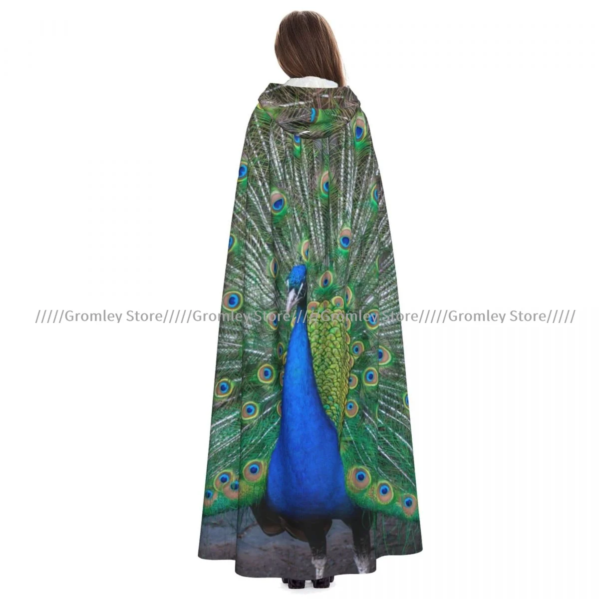 Witch Long Hooded Robe Peacock With Feathers Halloween Cloak Cosplay Costumes for Adult