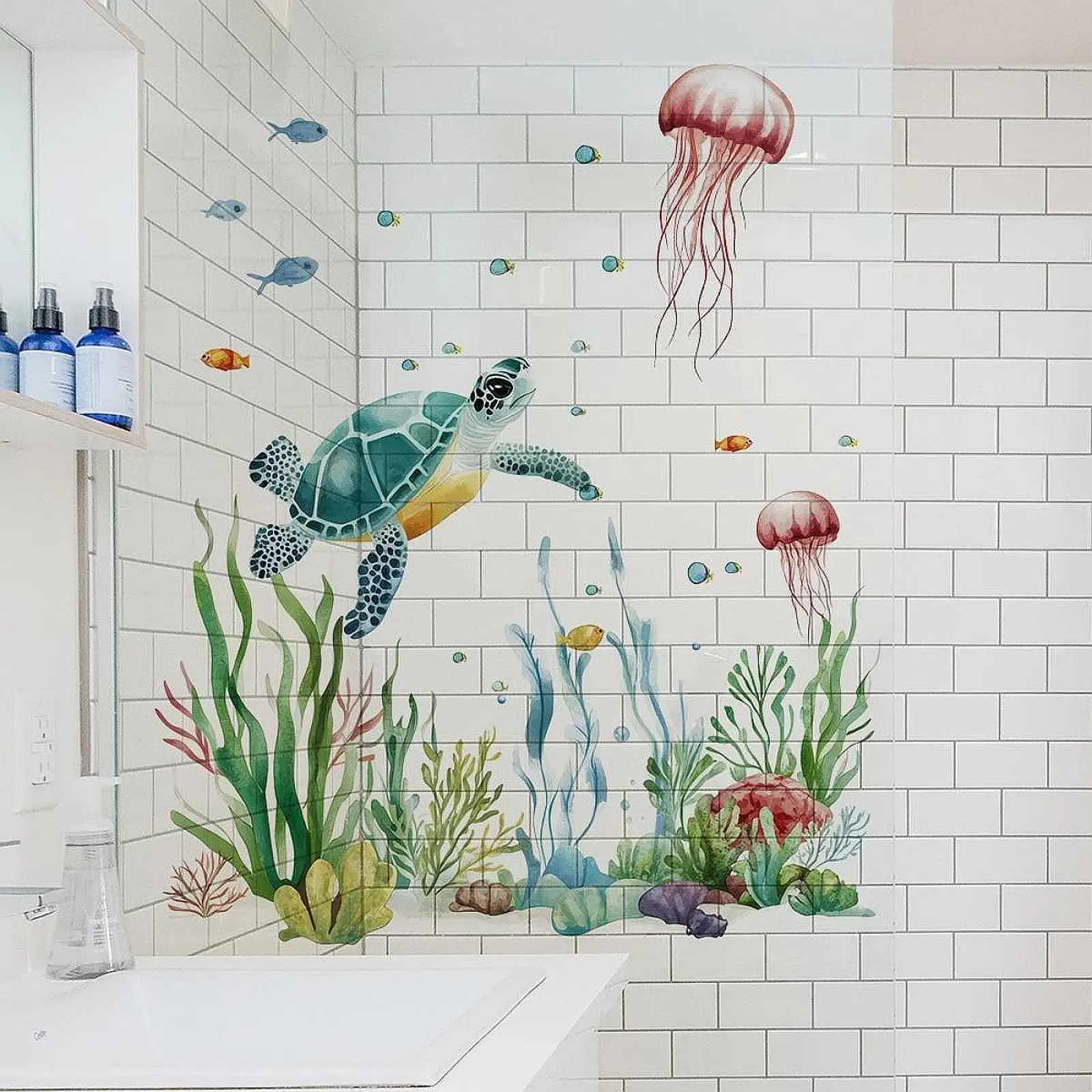 2 Pieces Sea World Wall Stickers Turtle Wall Stickers Home Decoration Under The Sea World Scenery for Background Bathroom