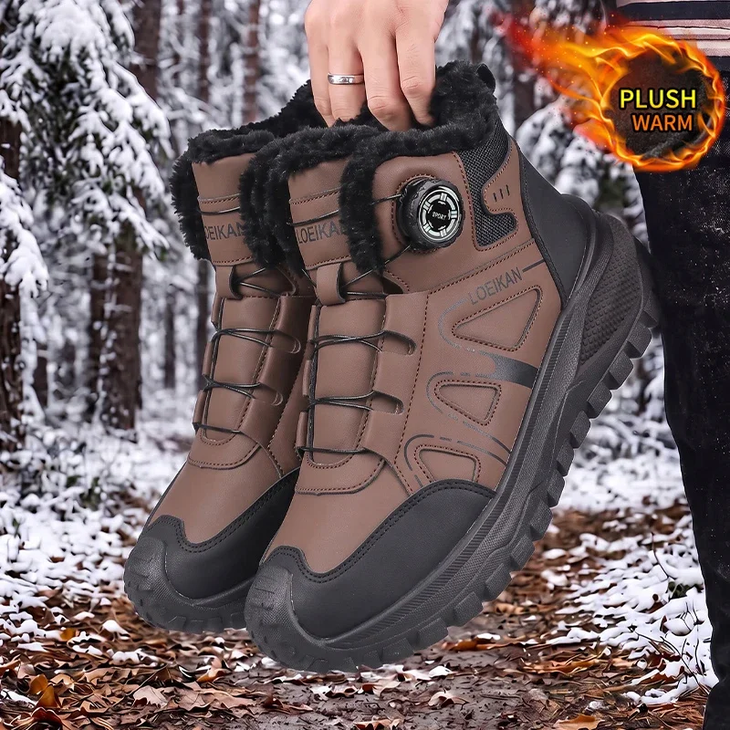 Herren Winter Warme Stiefeletten, Hohe Stiefel mit Fleece-Futter, Schneeschuhe mit Drehverschluss, Rutschfeste Dicke Sohle, Freizeitstiefel – Detail 9