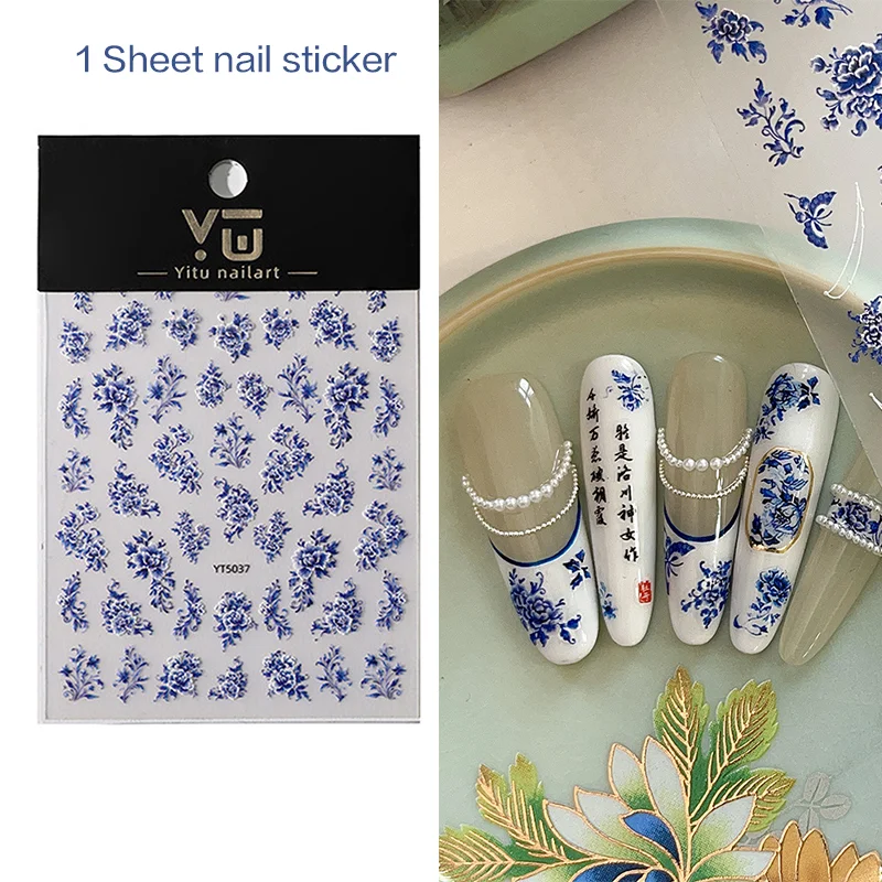 Blau Weiß Porzellan Chinesischen Stil Aufkleber 3D Selbstklebende Nail art Aufkleber Blume Silverback Selbstklebende Maniküre Aufkleber Salon DIY