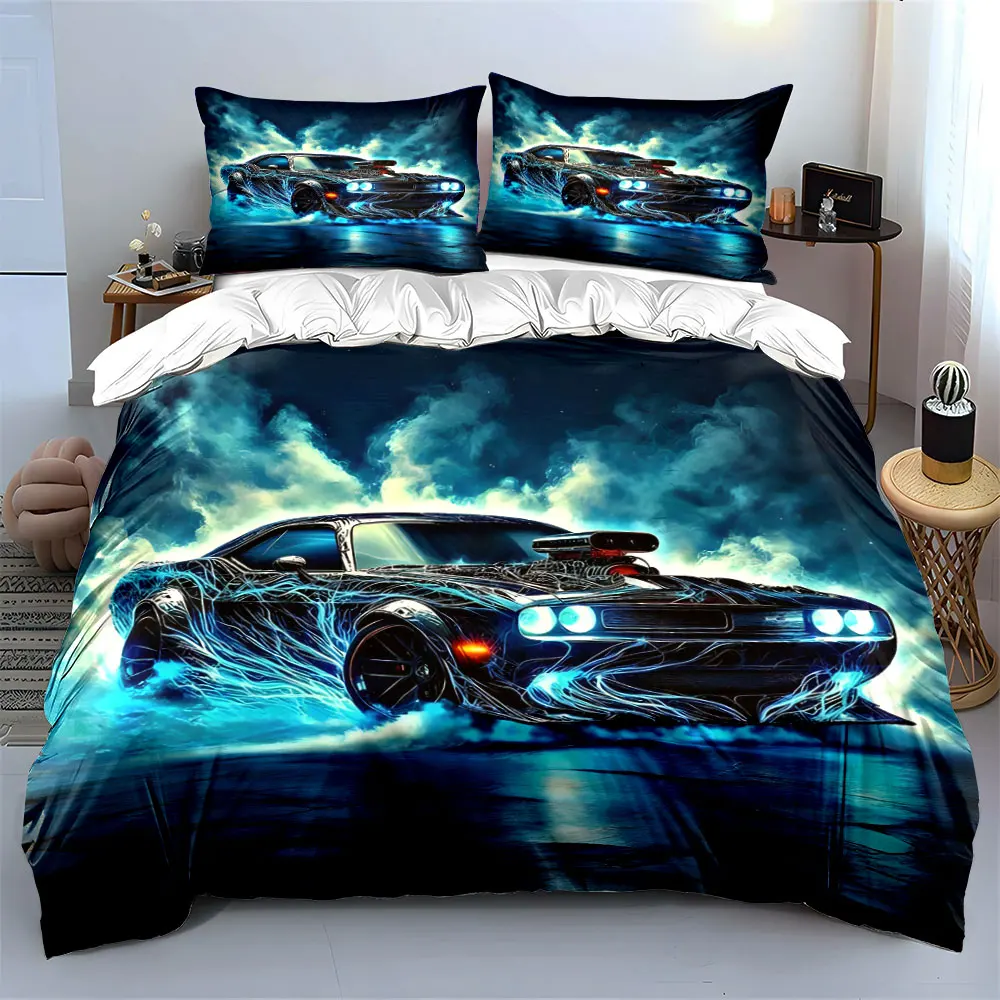 Blue Neon Muscle High-Speed ​​Sports Car Print Bedding Set 1 Duvet Cover 2 Pillowcases for Adult Children Luxury Gift Full Size