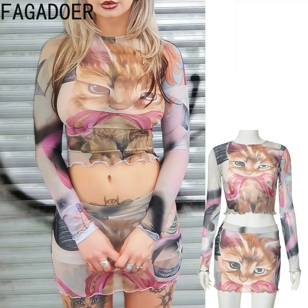 

FAGADOER Y2k Sexy Mesh Ruffles 2 Piece Sets Women Outfit See Through Cat Printing Crop Top And Mini Skirt Suit Female Streetwear