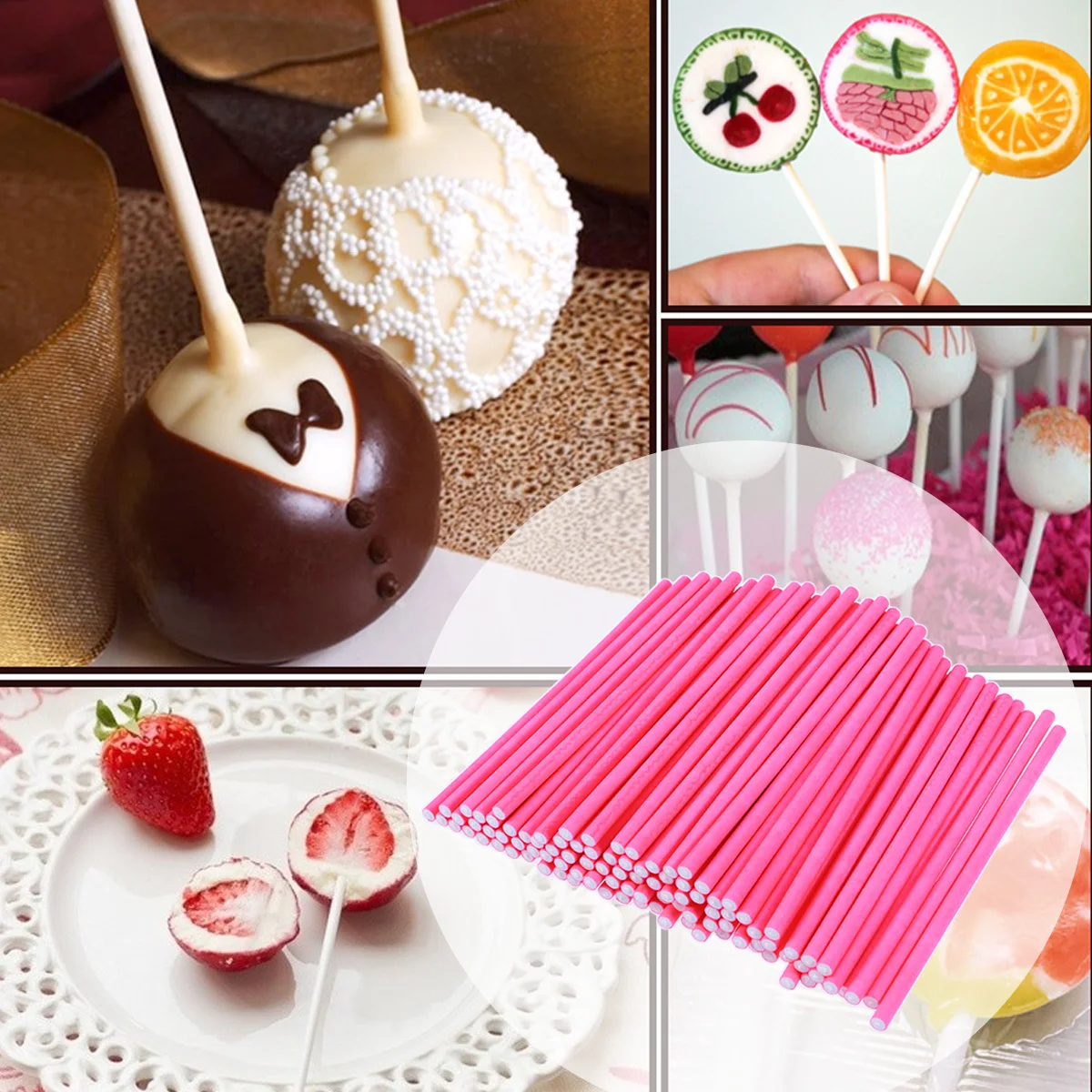 

100 Pcs Food Grade Cotton Candy Lollipop Lollipops Cake Paper Sticks Solid Rosy