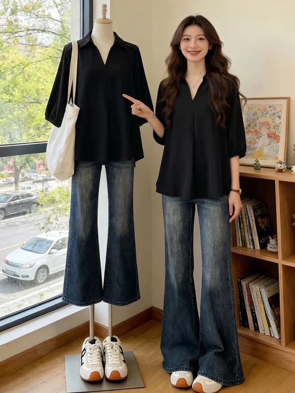 Black V-Neck 3/4 Sleeve Loose Fit Women's Shirt Summer New Style plus Size Slimming Trendy Top Comfortable Korean Style