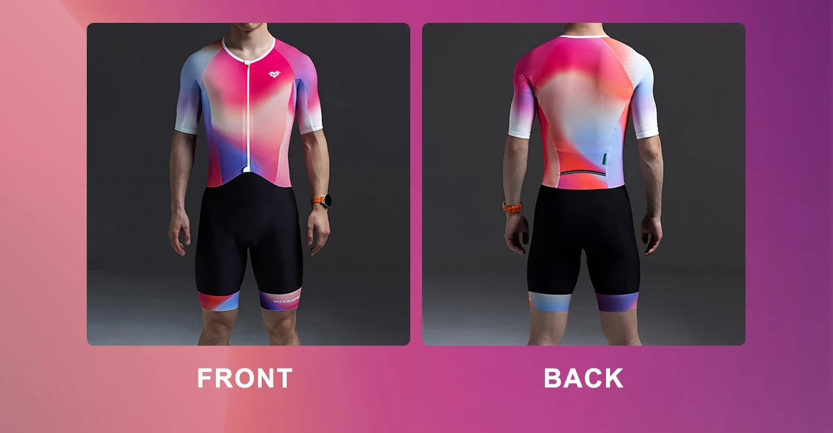 Triathlon-Anzüge für Herren Schnelltrocknend Leichtgewichtig Kurzärmelig Schwarz-Lila Einteilig für Radfahren Laufen Schwimmen TriSuit MY KILOMETRE – Detail 24