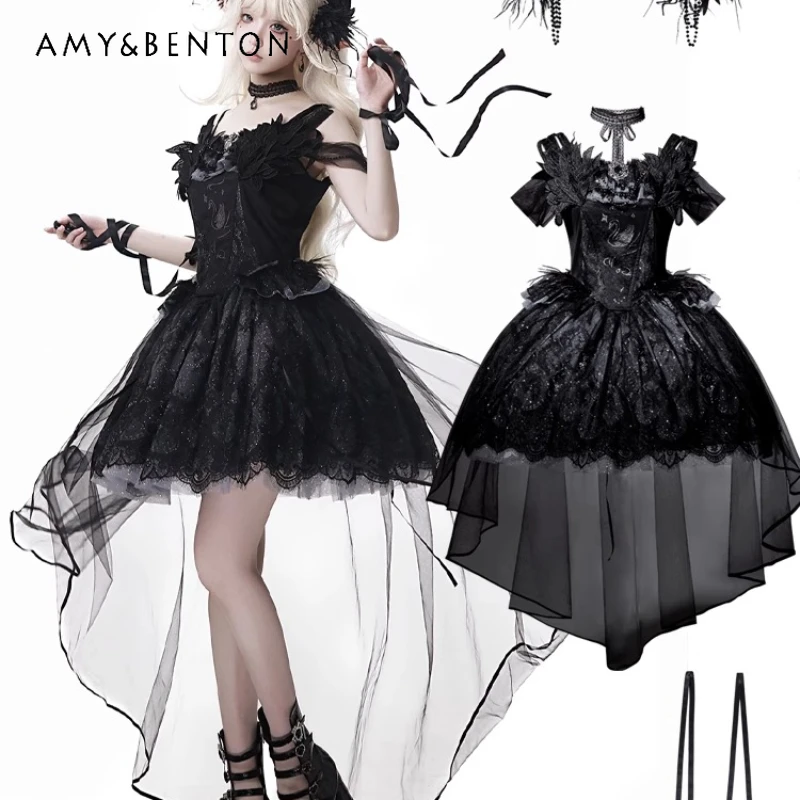 

Original Design New Black Sexy Lace Hollow Out Sleeveless Women's Sling Dress Punk Dark Gothic Lolita Irregular Dresses Ladies