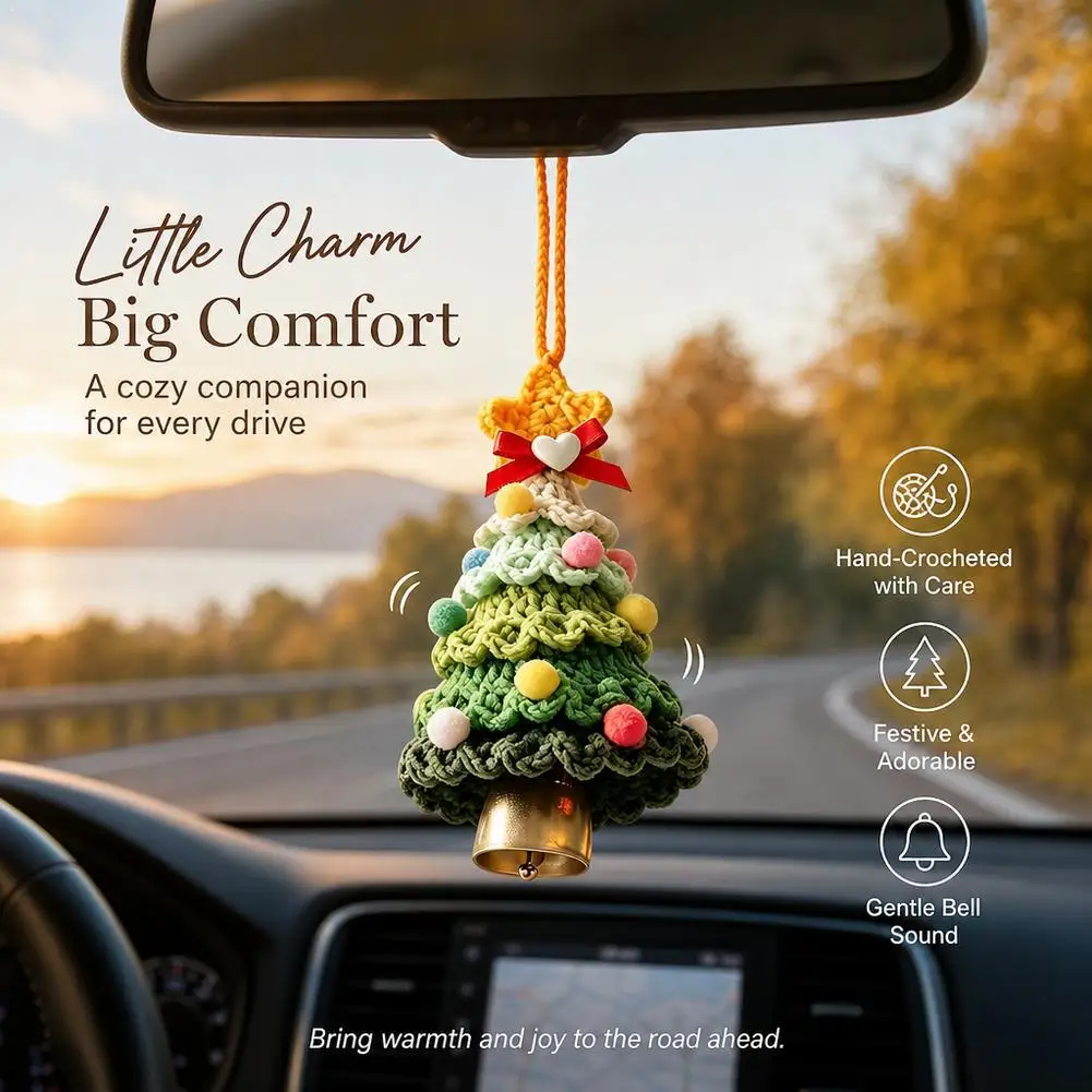 Crochet Christmas Tree Car Rearview Mirror Hanging Ornament Knitted Mini Xmas Tree Pendant With Bell Festive Interior Decor Gift