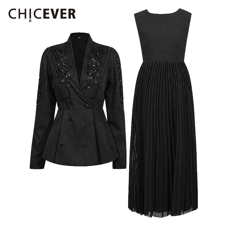 

CHICEVER Solid Spliced Beads Two Piece Set Female V Neck Long Sleeve Jacket Luxury Commute Women's Dress Sets Fashion Style New