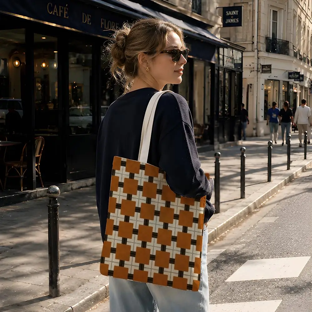 Pattern Retro R-Retro Geometric Plaid Storage Bags Reusable Canvas Tote Suitable for School Class Commuting Shopping as Gifts