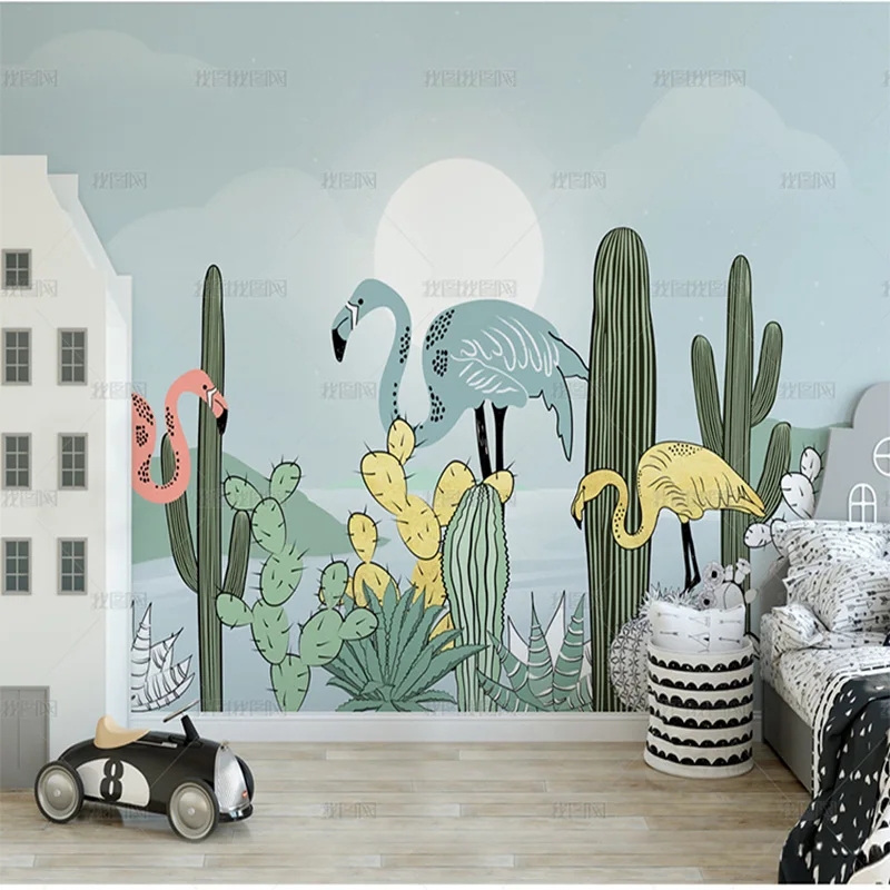 Customized products 3D Nordic small fresh tropical plant Flamingo cactus TV background wall wallpaper mural living room bedroom