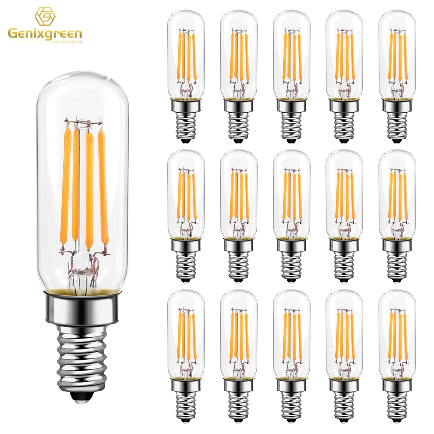 Genixgreen-bombillas Led tubulares para candelabros, Bombilla Edison de 4 W, T25, T6, Vintage, regulable, E12, E14, blanco cálido, 2700K, ventilador