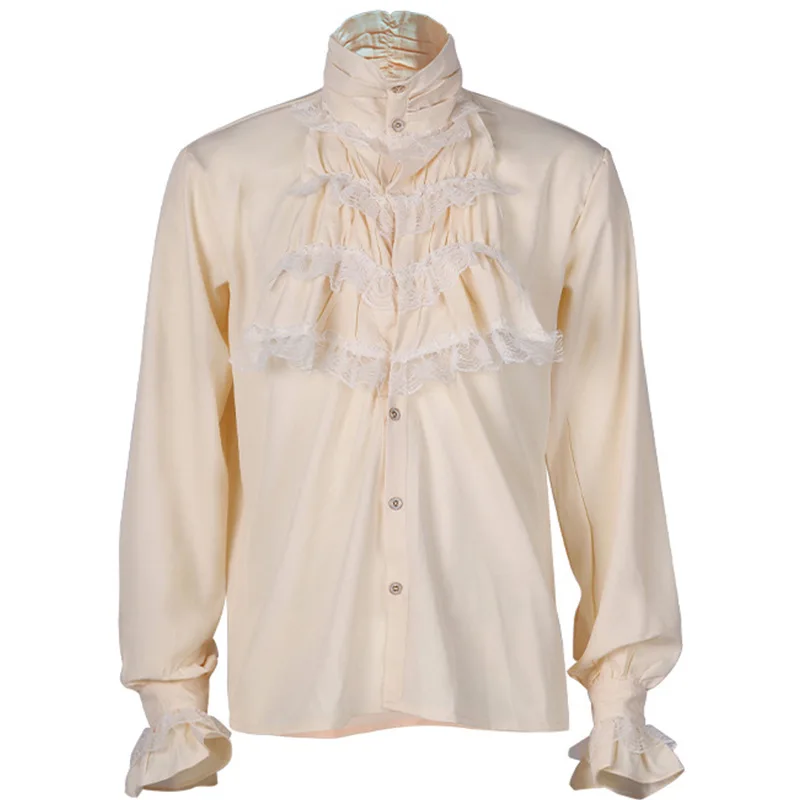 Europese Amerikaanse gotische blouse met opstaande kraag en lange mouwen en stropdas met geplooide manchetten