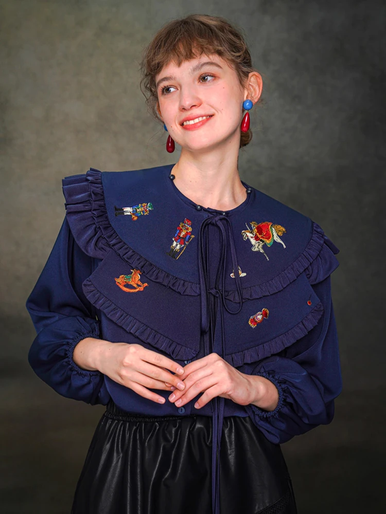 117-125cm Bust Spring Fall Blue Shirts Original Design Women Vintage Elegant Loose Embroidery Detachable Collar Shirts/Blouses