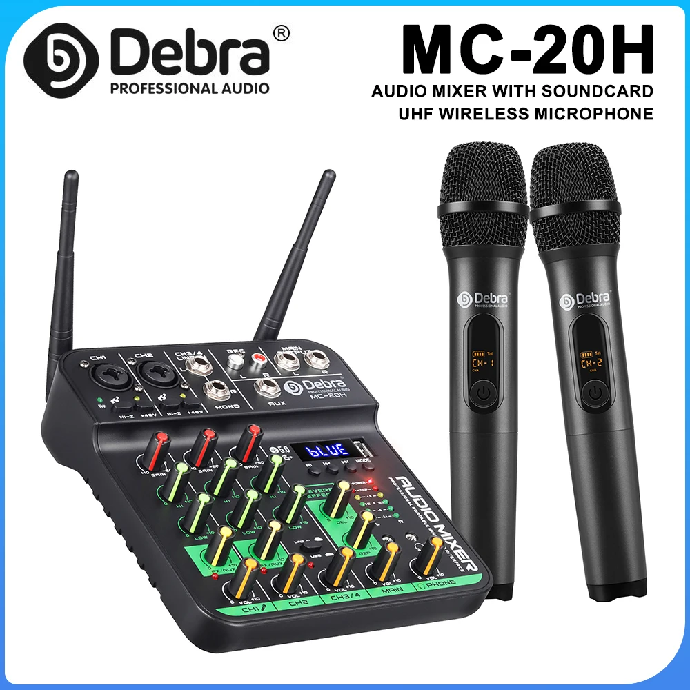 

Debra MC-20H 4-channel audio mixer with wireless microphone, USB port, Bluetooth 5.0, 48V phantom power for studio, karaoke