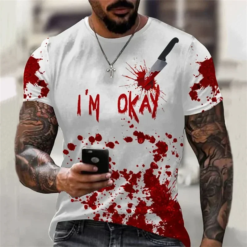 Trendy Men's Problem Solved Blood Graphic T‑Shirt Vintage 3D Print Short Sleeve Crew Neck Streetwear Casual Tee Party Tops