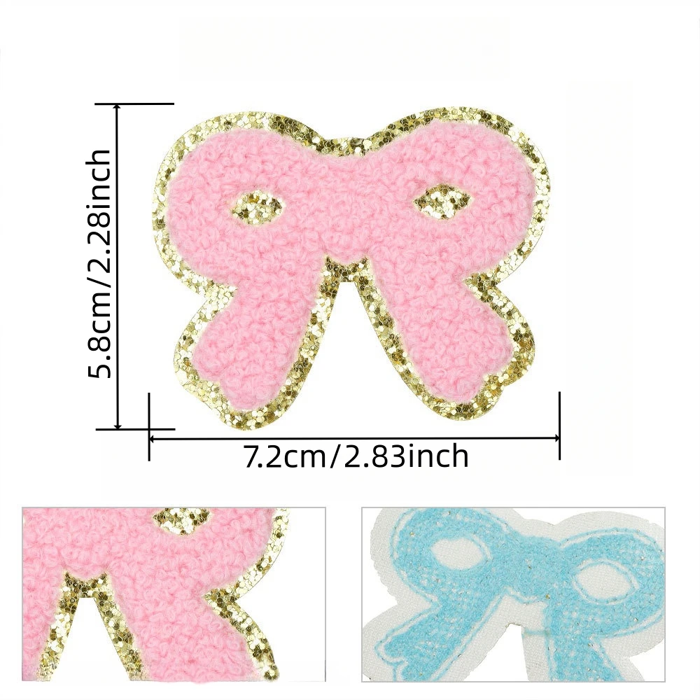5 Stück/Set Glitzer-Chenille-Schleifen-Aufnäher, bestickte Aufnäher mit Goldrand zum Aufbügeln für DIY-Nähprojekte, Applikationen, Kleidungszubehör – Detail 1