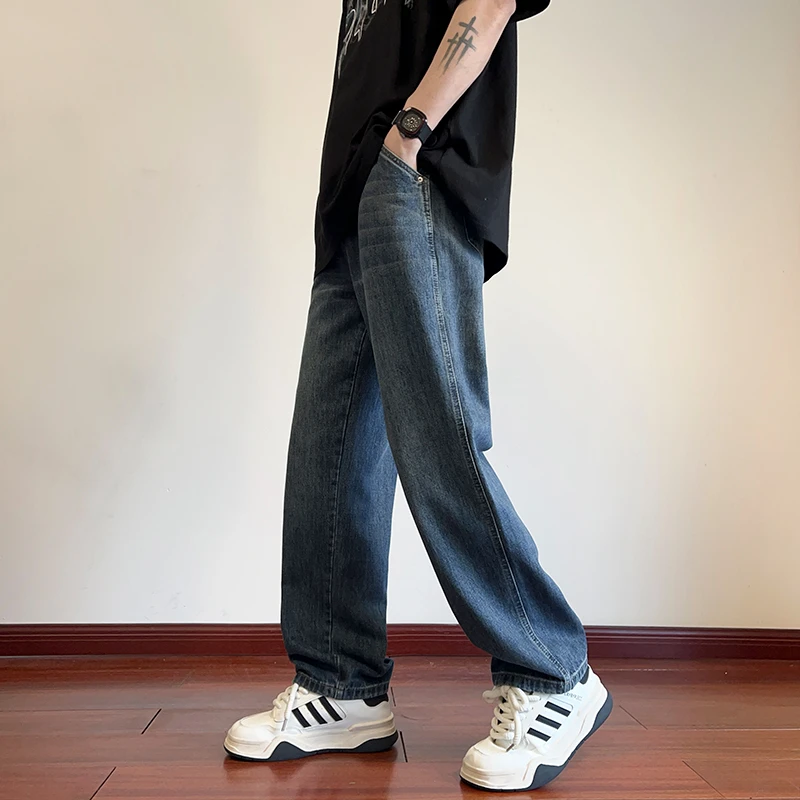 American retro high street jeans men's straight loose fitting blue distressed street pants cargo pants men streetwear clothing