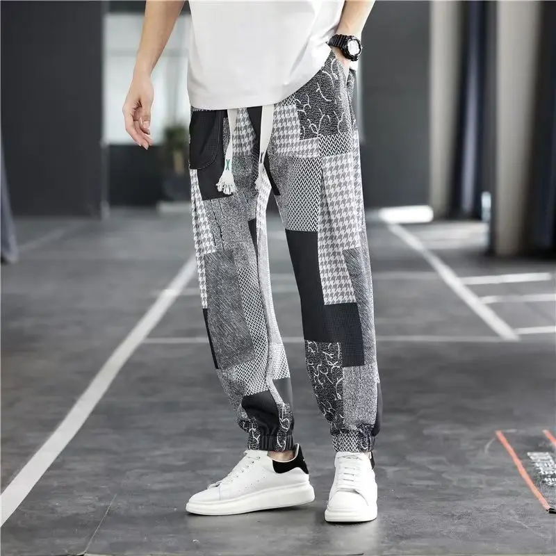 Ice Shreds Fashionable Trousers 2024 New Men's Contrast Color Patchwork Elastic Drawstring Pockets Young Style Casual Loose Pant