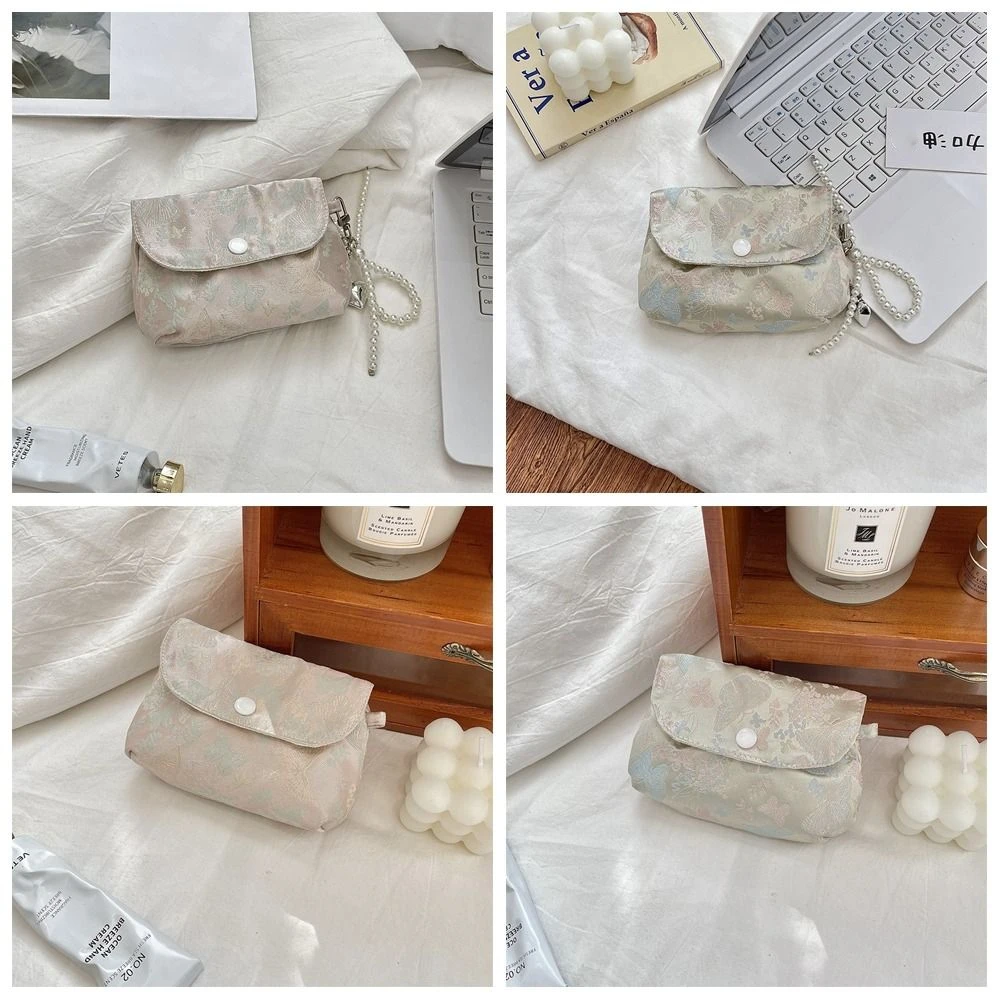 Embroidery Button Coin Purse Pearl Keyring Lightweight Small Lipstick Bag Sweet Earphone Case Chinese Style Storage Bag