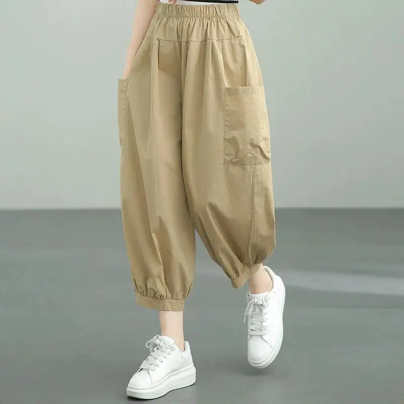 

High Waist Cotton Harlan Pants Loose Fit Trousers Women's plus Size Slimming Trendy Summer New Style Nine Points Pants