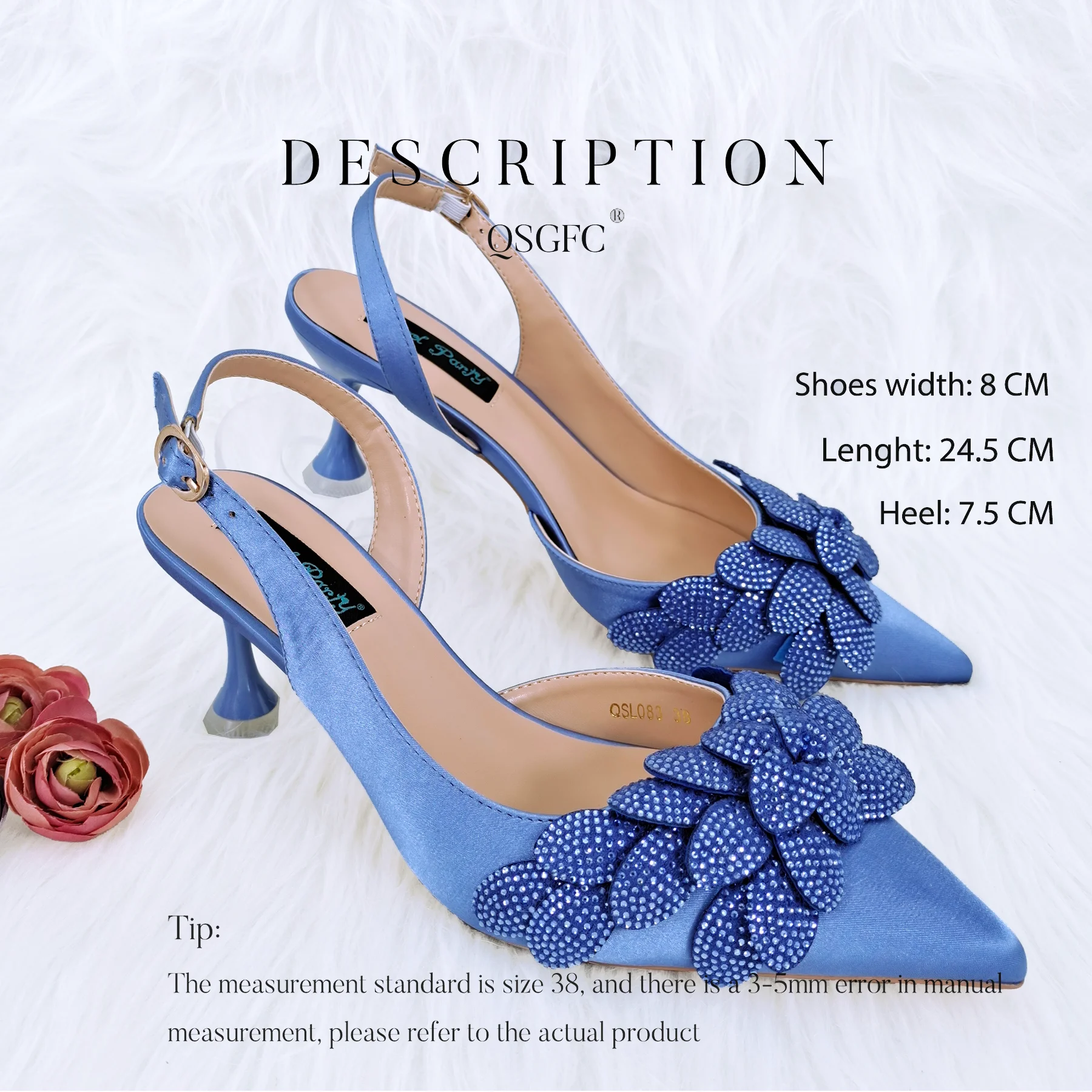 New Sky Blue Satin Handmade Flowers Shoes And Bag African Women\'s Banquet Pointed Toe Heels Matching Shoes And Bag Wedding Party