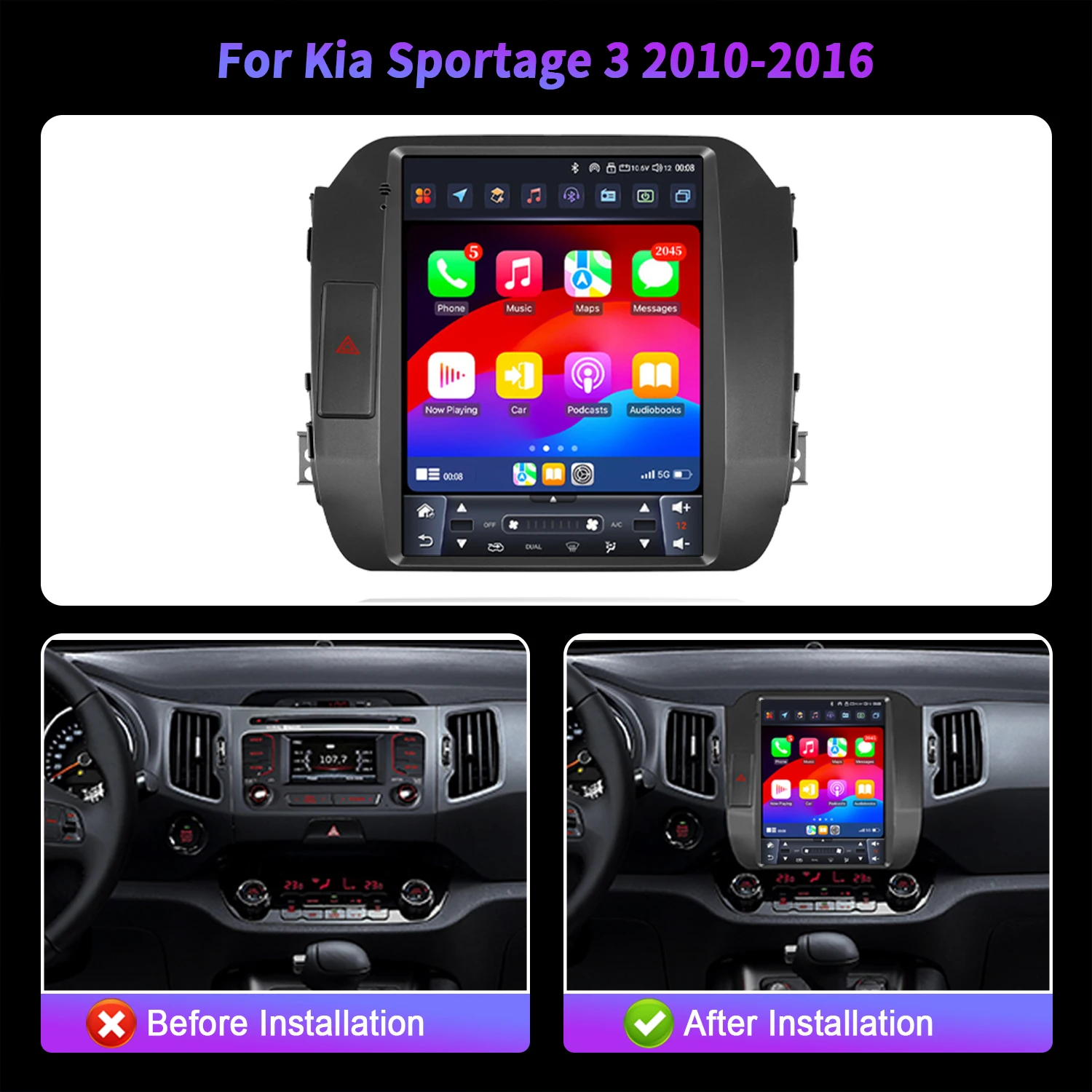 9.7inch For Kia Sportage 3 2010-2016 Car Radio Wireless BT CarPlay Android 14 GPS Navigation Multimedia Head Unit QLED Screen